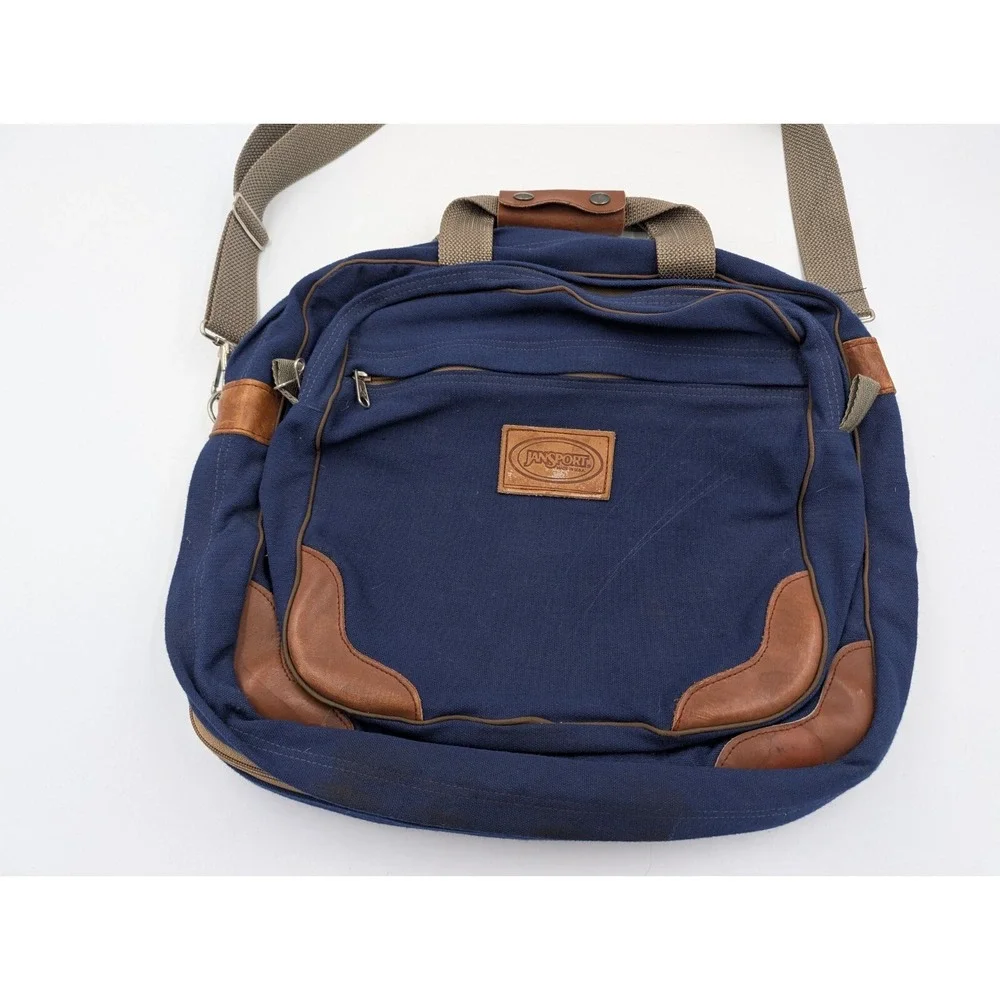 Jansport Messenger Laptop Bag Shoulder Strap Blue Canvas Leather Made In USA VTG
